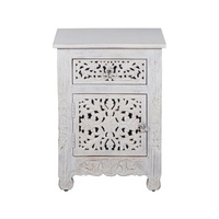 Table d'appoint en bois sculpté à motifs floraux avec tiroir et armoire - Finition blanche vieillie