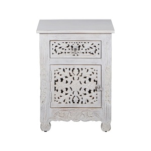 Floral Carved Wood Accent Table with Drawer & Cupboard - Distressed <b>White</b> Finish - Product Image 5