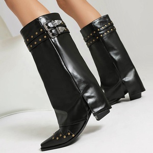 Bottes hautes d'hiver pour femme, grande taille 48, style western, avec boucles de ceinture, à empiècements, talons épais, bout pointu, style pantalon - Product Image 3