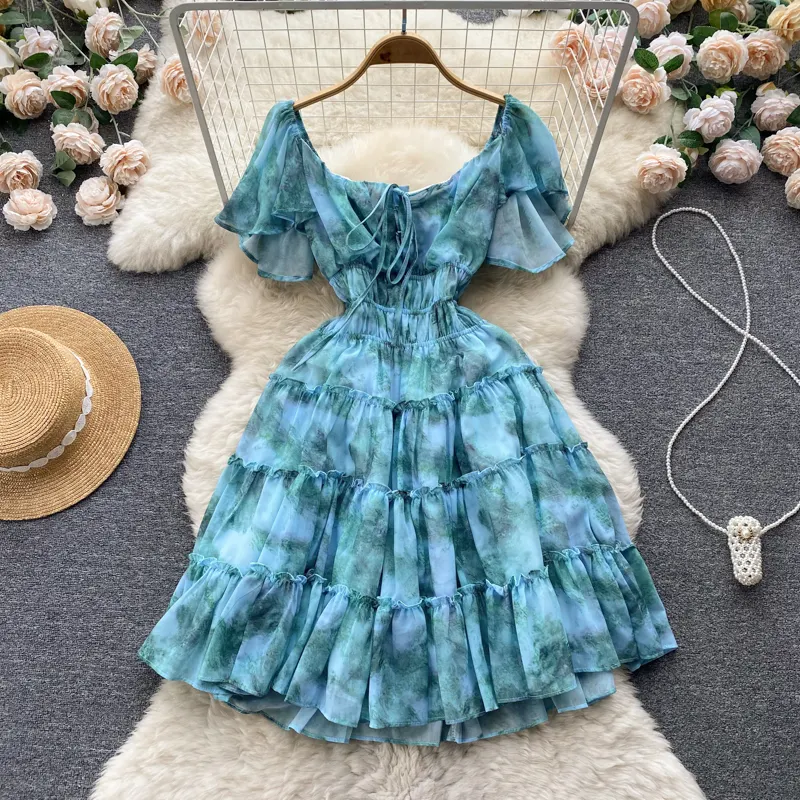 Short Sleeve Square Collar Print A-line Dress Summer Simple High Waist Mini Dress Ladies Casual Dress Clothes Women Wholesale