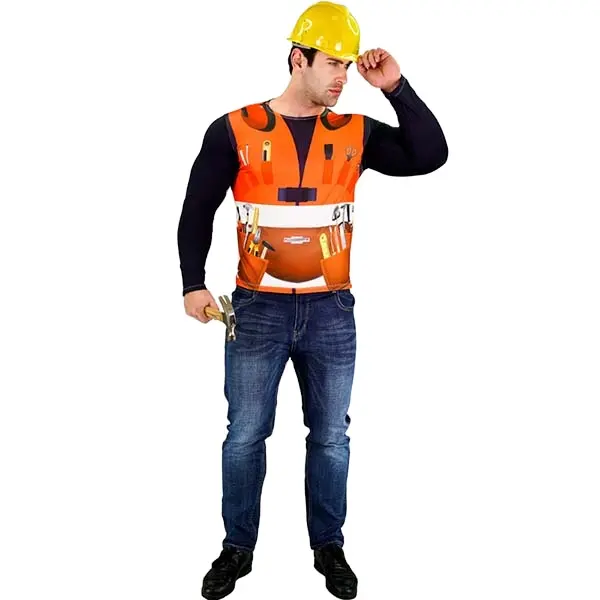 3D Digital Printing Men's Construction Building Worker Costume Cosplay Party Builder Long Sleeve T-shirt