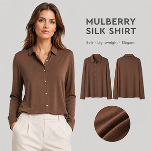 Cárdigan de Manga Larga con Cuello de Solapa de Seda, Cierre de Botón, Color Sólido, Logotipo Personalizado, Premium, Suave, Transpirable, Elegante, Blusa para Mujer - Product Image 1