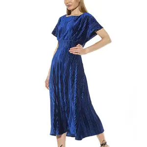 2024 yeni stiller kadın kısa kollu pileli kadife Midi elbise düz temel tekne boyun mavi zarif elbise kadınlar