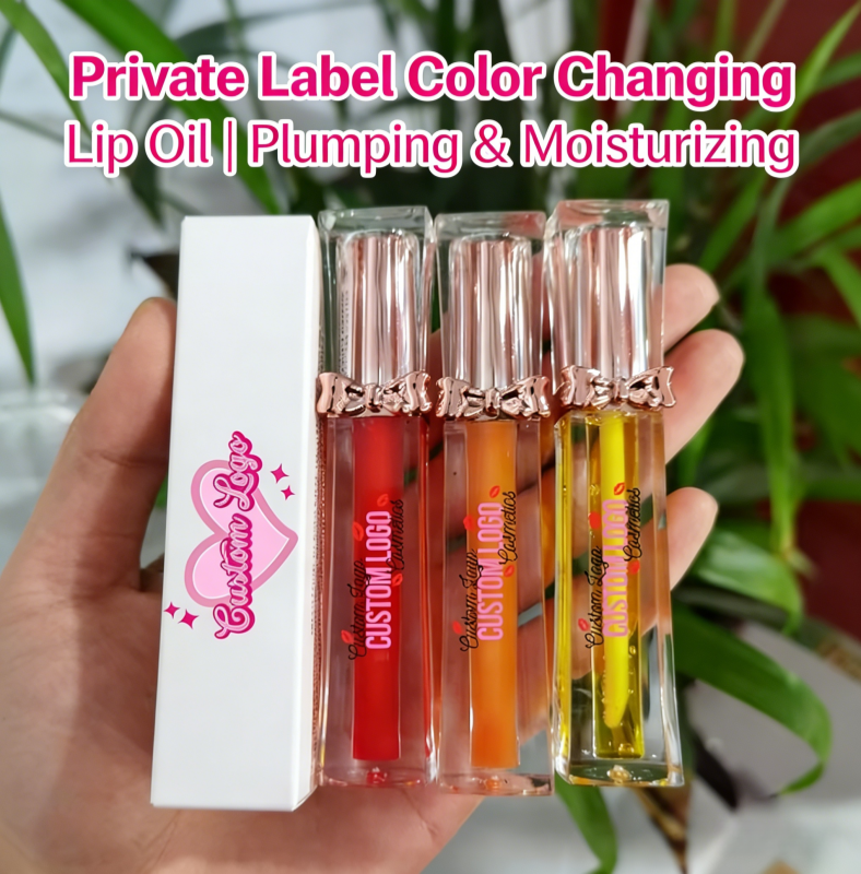Private Label Fruit Flavor Natural Lip Oil Moisturizing Color Changing Lip Plumper Oil Vegan Clear Lip Care Gloss