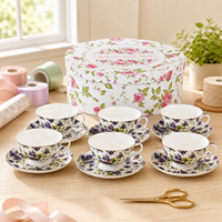 Ensemble tasse et soucoupe à thé en porcelaine fine à motif floral violet 200 ml avec boîte cadeau pour la maison, le bureau, l'hôtel – Design élégant