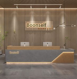 Entrega rápida grampos escritório móveis mesas recepção com parede traseira bronzeamento salão recepção mesas Top Fabricação - Product Image 2