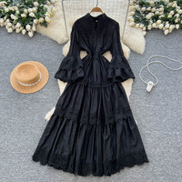 Robe longue décontractée pour femme, élégante, avec empiècements en dentelle, coupe trapèze, col montant, manches évasées, style vintage, pour le quotidien et les vacances