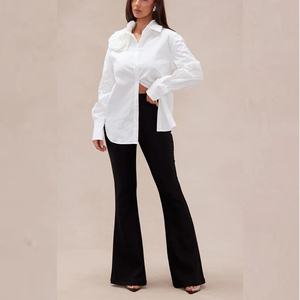 Blusa Elegante Blanca con Cuello y Apliques de Rosas 3D, Manga Larga, Corte Holgado, Camisa Casual de Oficina <span class=keywords><strong>para</strong></span> <span class=keywords><strong>Mujer</strong></span>, Personalizable - Product Image 4