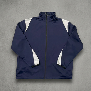 Blouson de course pour homme bleu marine, long et fin, avec empiècements blancs, fermeture éclair, col montant, style sportif, pour l'automne - Product Image 2