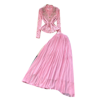 Ensemble élégant haut à manches longues en dentelle à col en V et jupe midi plissée taille haute pour femme - Collection Automne