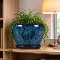 Pot de fleurs en céramique émaillée bleue effet four, grand modèle rond avec soucoupe, pour plantes d'intérieur