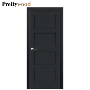 Prettywood Prehung Black Color 4 Panel Shaker Door Design Modern Interior Solid Wooden Room Door