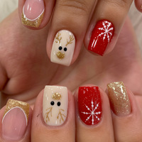 Autocollants pour ongles de Noël à motif dessin animé mignon - Flocons de neige, rennes, manucure française dorée, strass ABS, effet œil de chat, faux ongles adhésifs