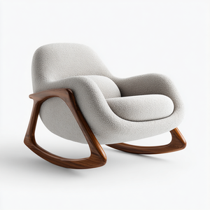 Fauteuil à bascule sculptural moderne, structure en bois massif et revêtement en bouclette pour la maison, le bureau, le salon, la salle à manger - Product Image 6
