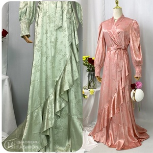 Fashion Modest Women Muslim <b>Dress</b> V-Neck Pleated Design Pretty Flowers Print Satin Islamic Turkey <b>Dress</b> 6572# - Product Image 1