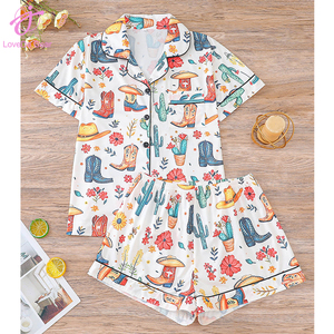 Loveda Wholesale Women Summer Cowboy Boots Print Casual <strong>Home</strong> Wear Short Sleeve Shirt Shorts <strong>Sweet</strong> Pajamas Set - Product Image 5