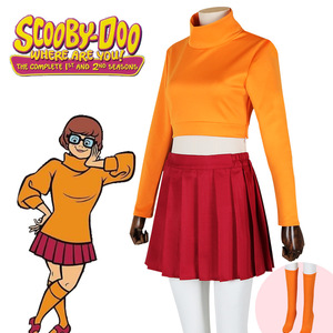 Scooby Doo Velma <b>Cosplay</b> <b>Costume</b> Set Long Sleeve Short Sleeve Shirt Pleated Skirt Halloween Party Outfit - Product Image 3