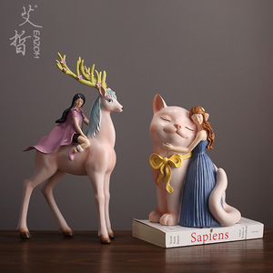 รูปปั้นเด็กหญิงกับกวางสไตล์นอร์ดิก งานฝีมือเรซิ่น ตกแต่งบ้าน รูปทรงสัตว์สวยงาม - Product Image 1
