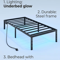 Cadre de lit simple en fer pur noir, épais, avec éclairage d'ambiance et alimentation électrique, idéal pour chambre à coucher et hôpital - Vente en gros usine