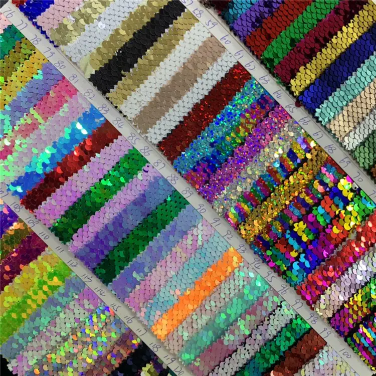 Wholesale High Quality Glitter Tassel Mesh Fabrics Shiny Colorful Embroidered 5mm Two Tone Fish Scale Reversible Sequin Fabric