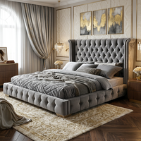 Lit plateforme capitonné moderne en velours gris de luxe avec tête de lit à ailes, taille King, mobilier de chambre d'hôtel