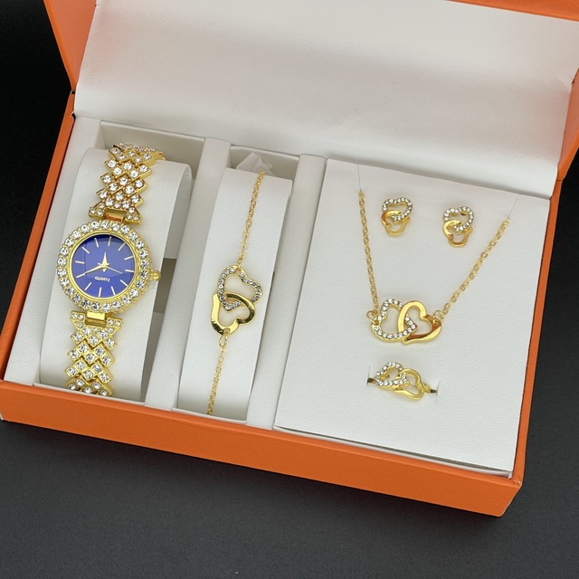 6PCS Set Luxury Watch Women Ring Necklace Earring Rhinestone Wristwatch Casual Ladies Bracelet Watches