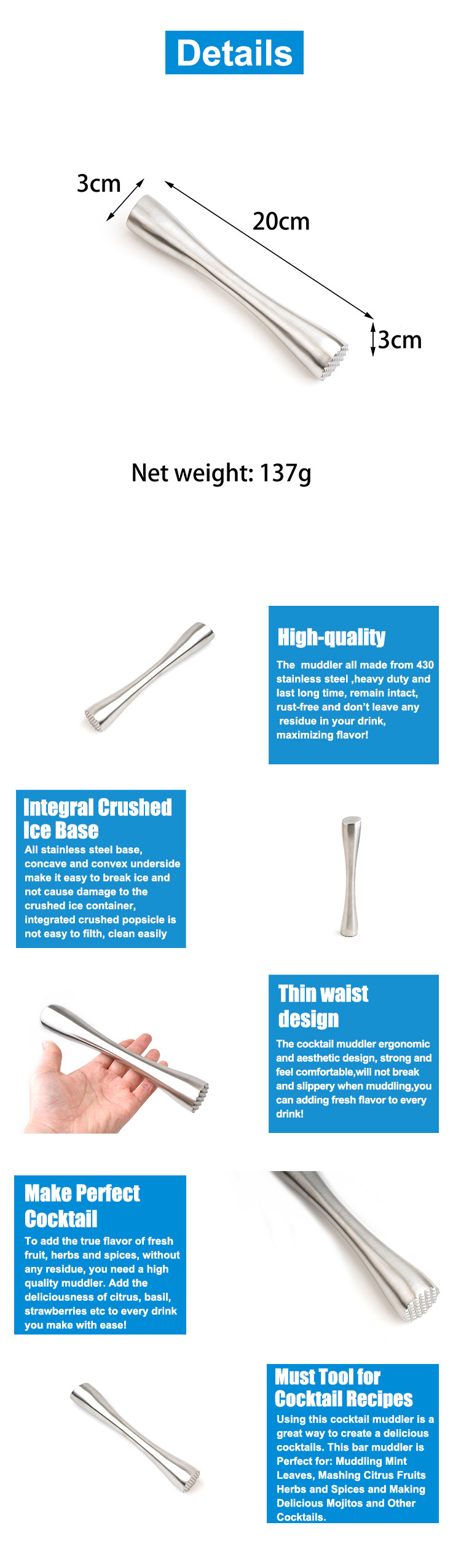 Hot selling stainless steel silvery cocktail or whiskey ice muddler for bar