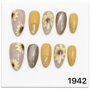 Faux ongles en amande faits à la main avec motifs floraux 3D brillants pour l'été - Product Image 6