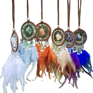 Treo trang trí nội thất handmade tinh thể tự nhiên thạch anh tím Dream Catcher xe treo trang trí phụ kiện Charms Dreamcatcher với lông