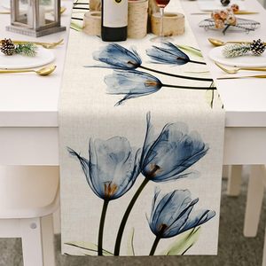 Camino de Mesa al por Mayor, de Lino, con Estampado de Flores de Primavera/Verano y Hojas de Eucalipto, para Decorar la Mesa del Comedor - Product Image 5