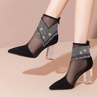 Bottes d'été pour femmes à talons aiguilles en maille à bout pointu avec motif floral, fermeture auto-agrippante, talons très hauts, légères et antidérapantes