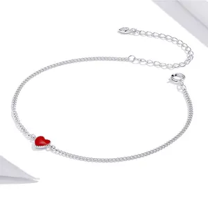 korean custom logo simple lucky ladies fashion red enamel heart adjustable 925 sterling silver women charm bracelet jewelry make