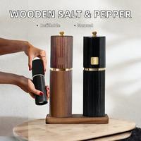 Ensemble moulin à sel et poivre en bois, rechargeable, manuel, avec meules en céramique réglables, détails dorés, support en bois noir foncé
