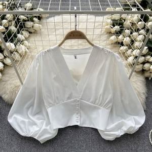 Nuevas camisas elegantes para mujer <span class=keywords><strong>con</strong></span> cuello en V, blusa <span class=keywords><strong>con</strong></span> pliegues de manga larga, <span class=keywords><strong>blusas</strong></span> versátiles de verano para mujer - Product Image 4