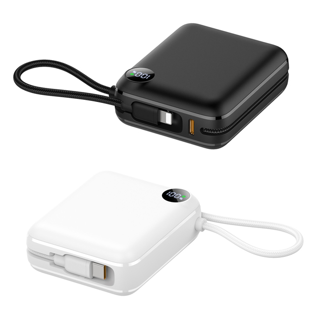 New Li-Polymer Battery PD QC Fast Charging 10000mAh Digital Display Ultra Slim Portable Power Bank with Two Cables Built in