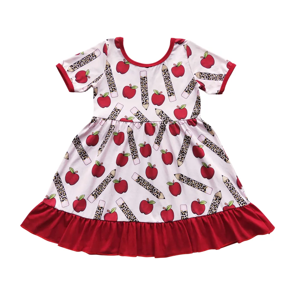 GSD0394 kalem ve kırmızı elma baskı etek mavi etek boyu bebek elbise kız parti elbiseler kızlar için