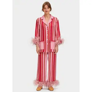 Festa Pijama com penas destacáveis em listras rosa Alta qualidade moda pijama set mulheres