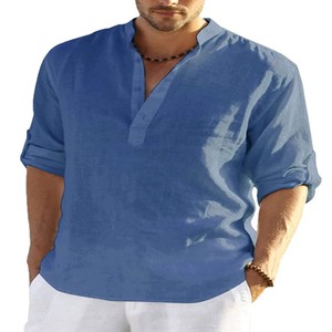 Camisa de Lino para Hombre Fitspi, Estilo Vintage, Manga Larga, Informal, Holgada, Cuello en V, Color Sólido, Tallas Grandes, Mezcla de Algodón - Product Image 5