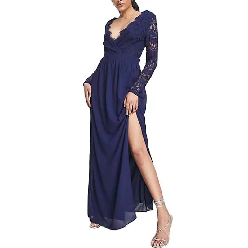 Maxi Dress Classic Bridesmaid Dress Elegant Open Back Side Slit Formal OEM ODM Lace Women Long Sleeve Breathable Customized Size