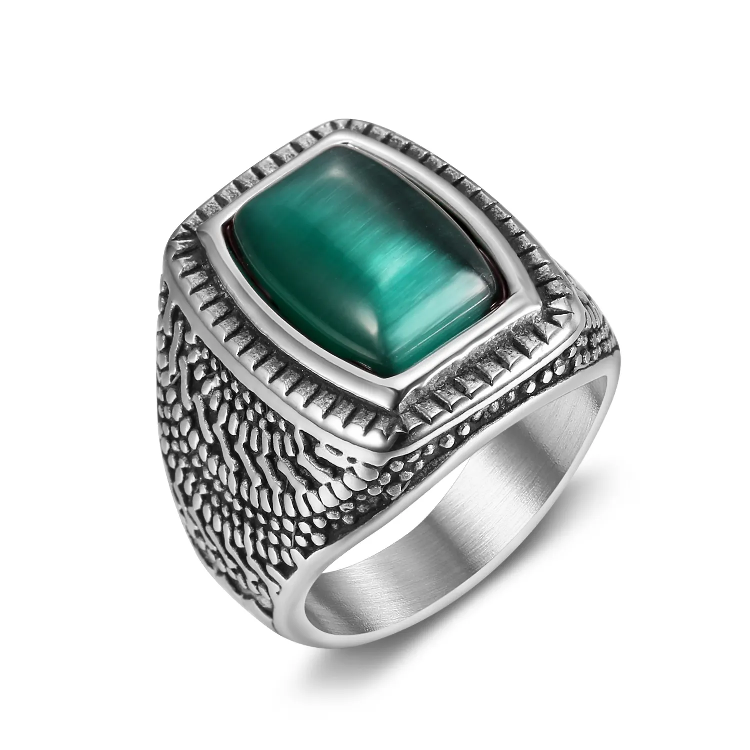 OEM ODM Jewelry Biker Design Stainless Steel Antique Green Stone Rings for Men Male