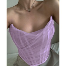 Purple color Sexy Strapless Mesh Bustier Open Back Boned Corset Crop Top