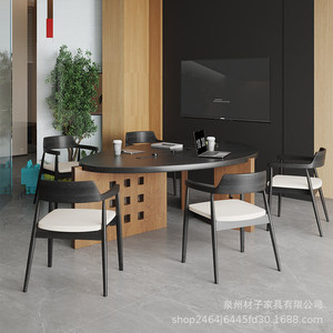 Solid Wood Conference Table Curved Design Office <b>Desk</b> Chair Set Meeting Training Room Furniture - Product Image 2
