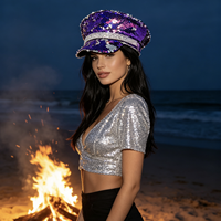 Bérets à paillettes violettes en gros, chapeaux et casquettes de fête disco avec logo personnalisé pour femmes, style rétro années 70