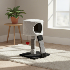 YOUME Modern Loft - Árbol para Gatos de Felpa Blanco y Negro con Cama Acogedora, Poste Rascador de Sisal y Divertidos Pompones, Certificado ISO y BSCI - Product Image 1