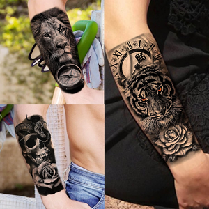 Tatuajes temporales de Halloween de manga de medio brazo grande, diseños de rosas de flor de lobo de <span class=keywords><strong>calavera</strong></span> negra realista para hombres y mujeres, tatuajes - Product Image 4
