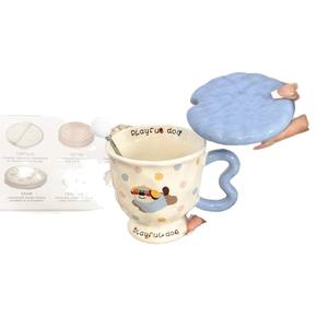 Mug en céramique avec couvercle et cuillère, motif chien amusant, design de dessin animé, tasse à café pour le bureau, tasse à petit-déjeuner pour femmes, tasse individuelle - Product Image 3