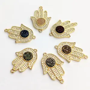 Hot Bán tự nhiên druzy tinh tế Thổ Nhĩ Kỳ Zircon kim cương Pave 14K mạ vàng Vòng đeo tay tay Hamsa hình mặt dây Charms cho phụ nữ