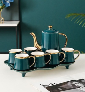 ชุดถ้วยชาและกาแฟสไตล์ยุโรปขอบทอง พร้อมกาน้ำชาและถาดเซรามิก - Product Image 6