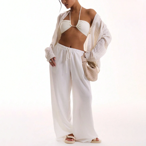 OEM Custom Womens Holiday Textured <b>Linen</b> Feel Tie Waist Wide Leg <b>Trousers</b> Summer Elegant Beach Vacation Loose Flowy Pants - Product Image 5