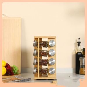 Moderno y Sencillo Soporte Giratorio Cuadrado de Bambú para Botellas de Condimento, Juego de Utensilios de Cocina para Especias, Uso Doméstico - Product Image 4